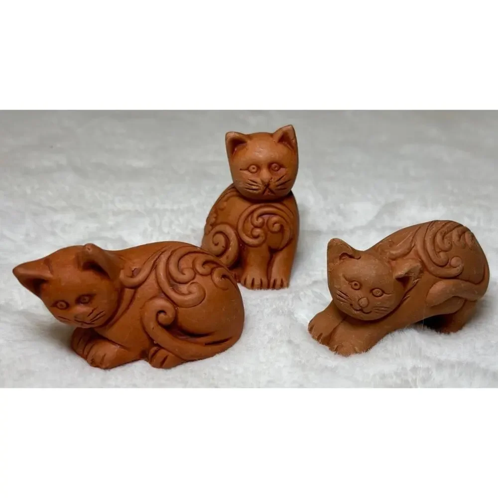 Handcrafted Miniature Vintage Carved Terracotta‎ Kitten Figurines Cat Sculptures